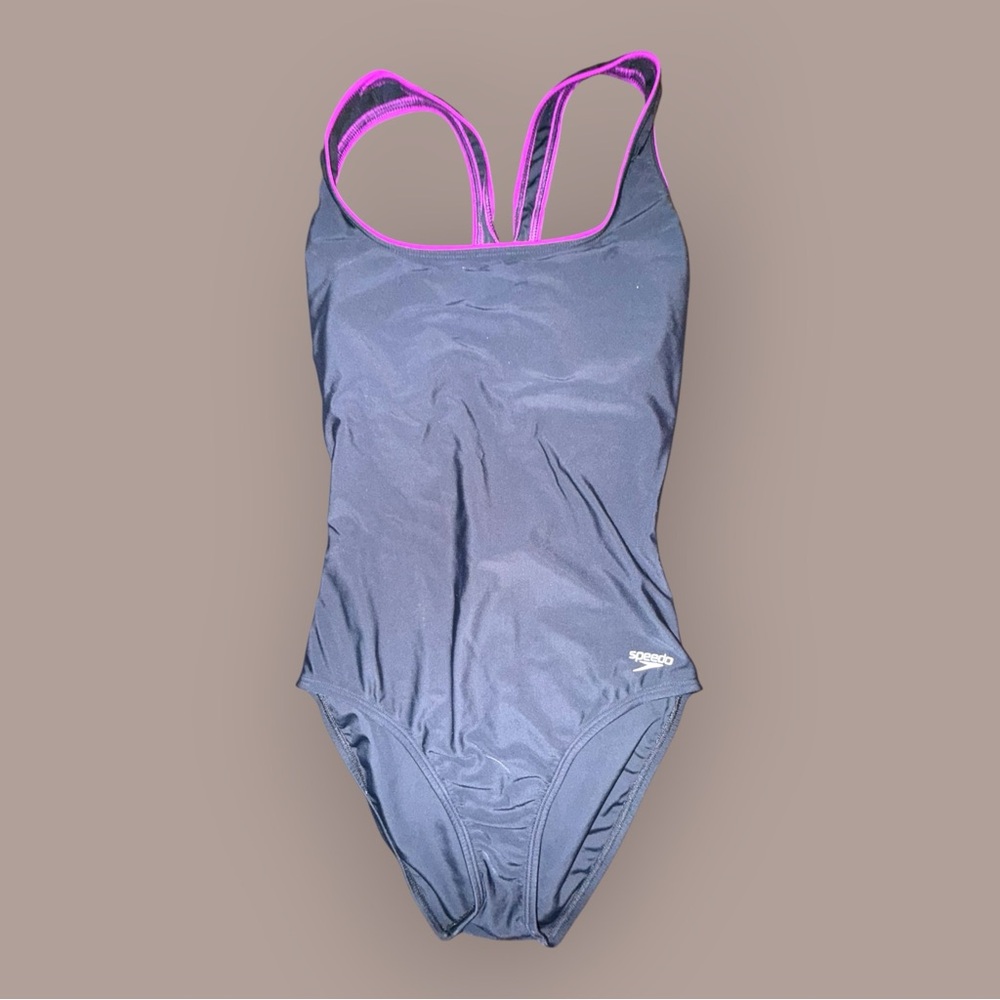 Speedo Women's Navy One-Piece Swimsuit with Pink Trim